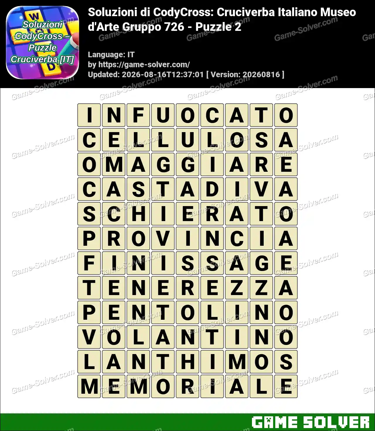 Soluzioni di CodyCross: Cruciverba Italiano Museo d’Arte Gruppo 726 – Puzzle 2
